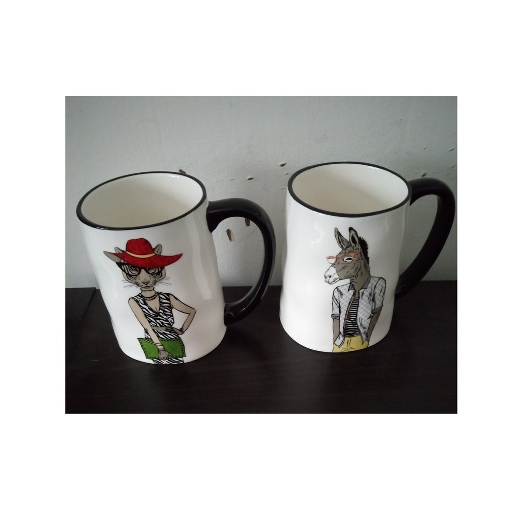 Signature Housewares Hipster Animal‎ Mugs Set of 2 Tiger and Donkey Stoneware